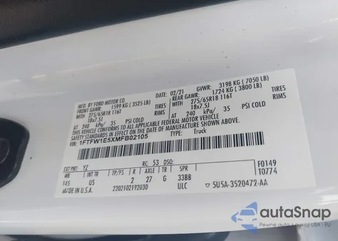 2021 Ford F-150 Xlt z USA, uszkodzony, nr VIN 1FTFW1E5XMFB02105